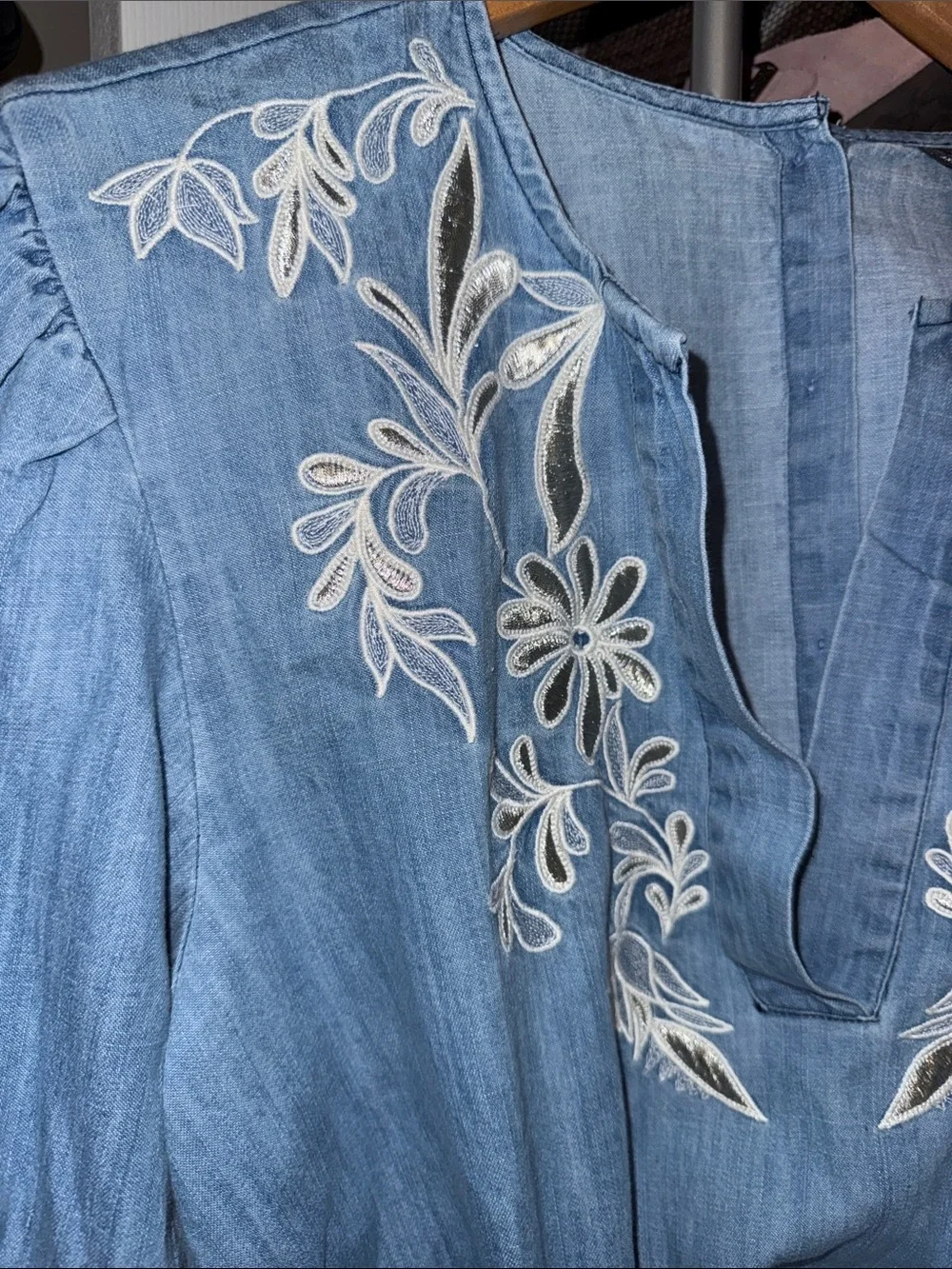 Anthropologie Light Blue Embroidered Tie-Front Blouse